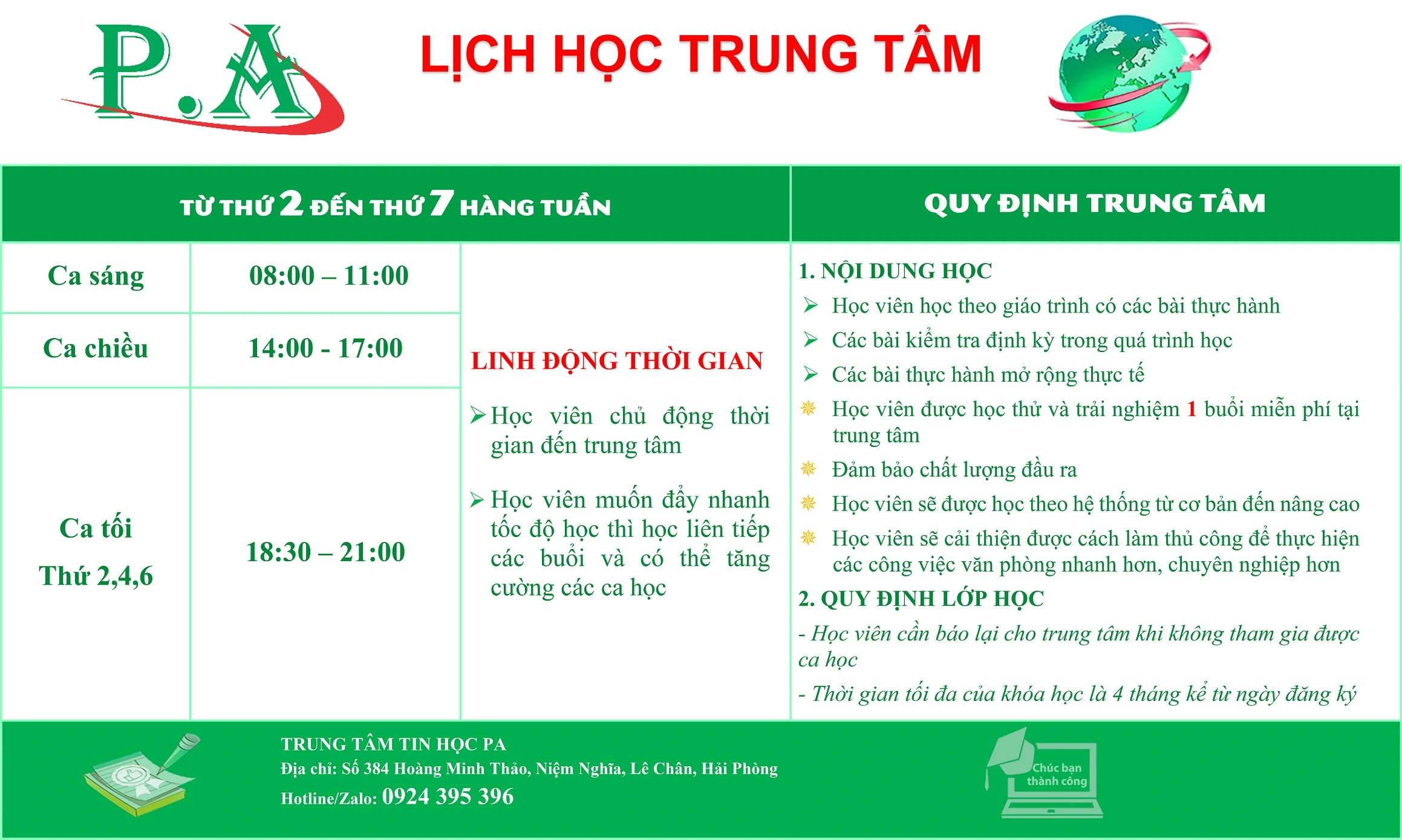 LỊCH HỌC TRUNG TÂM PA